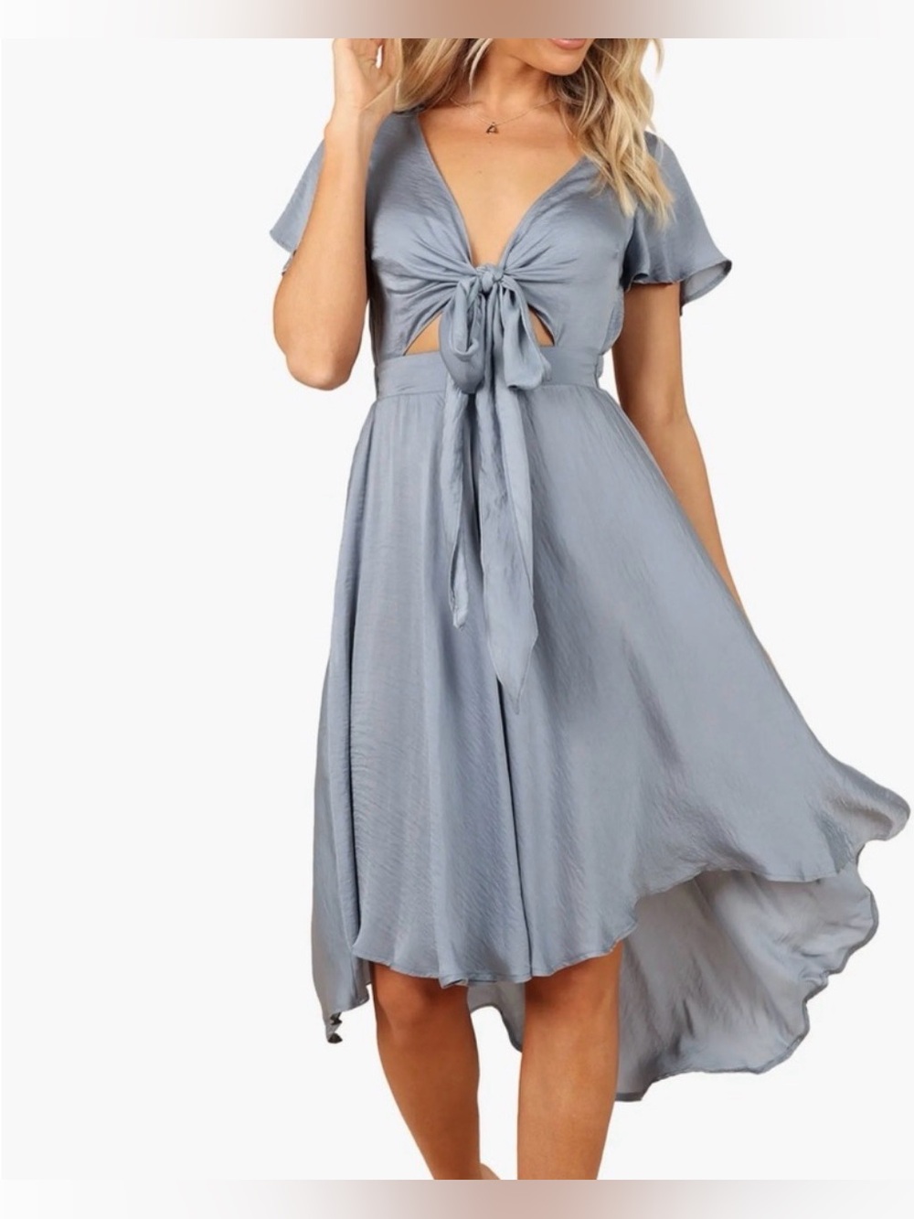 Petal & Pup Amanda High-Low Satin Tie-Front Dress - Dusty Blue Size 8 EUC